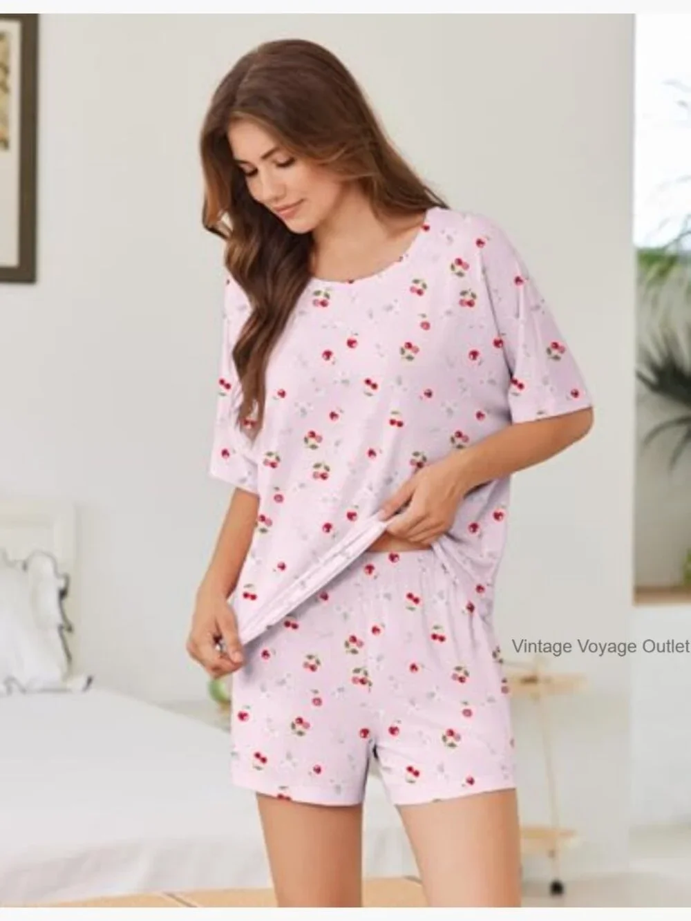 Women's 2-Piece Pajama Set Short Sleeve Lightweight Sleepwear Lounge Set with - Picture 3 of 7